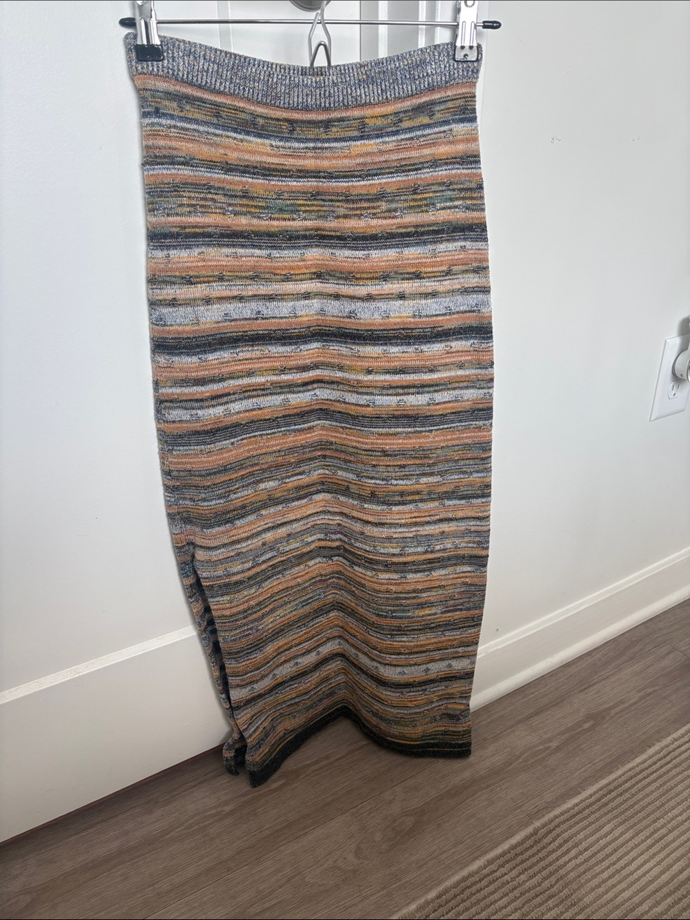 Free People Striped Sweater Knit Midi Skirt in Gray and Tan